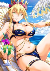 Rule 34 | 1girl, armpits, artist name, artoria pendragon (fate), artoria pendragon (lancer) (fate), beach chair, belly chain, bikini, blonde hair, blue bikini, braid, breasts, cleavage, closed mouth, collarbone, crown, cup, day, drink, drinking glass, fate/grand order, fate (series), flower, french braid, frown, green eyes, hair between eyes, hair flower, hair ornament, holding, holding cup, holding drinking glass, jewelry, large breasts, long arms, long hair, looking at viewer, nail polish, navel, ocean, outdoors, revision, sakiyamama, sitting, sky, solo, swimsuit, thigh strap, umbrella, underboob, wristband