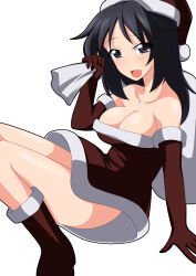 Rule 34 | 1girl, bare shoulders, black eyes, black hair, blush, boots, breasts, christmas, commentary, dress, elbow gloves, floating, freckles, fur-trimmed dress, fur trim, girls und panzer, gloves, hat, highres, holding, holding sack, ichijou takakiyo, long hair, looking at viewer, medium breasts, microdress, no panties, open mouth, over shoulder, red dress, red footwear, red gloves, red hat, sack, santa boots, santa gloves, santa hat, smile, solo, strapless, strapless dress, yamagou ayumi
