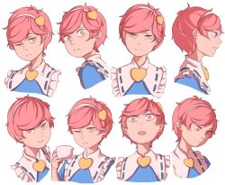 Rule 34 | 1girl, bags under eyes, cup, diadem, expression chart, expressionless, expressions, frills, heart, holding, holding cup, komeiji satori, looking down, mefomefo, open mouth, parted lips, pink eyes, pink hair, profile, short hair, surprised, teacup, touhou, very short hair, white background