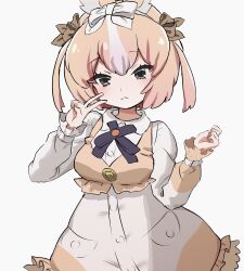 Rule 34 | 1girl, :&lt;, animal ears, blue bow, blue bowtie, blush, bow, bowtie, brown bow, brown dress, brown eyes, brown vest, collared dress, cowboy shot, domestic rabbit (kemono friends), dress, frilled sleeves, frilled vest, frills, hair between eyes, hair bow, highres, houkokukokui, kemono friends, kemono friends 3, light brown hair, long sleeves, multicolored hair, puffy sleeves, rabbit ears, rabbit girl, sidelocks, solo, two-tone dress, two-tone hair, v, vest, white bow, white dress, white hair