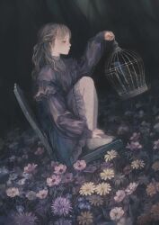 Rule 34 | 1girl, bird, birdcage, blunt bangs, braid, brown eyes, brown hair, buttons, cage, chair, crow, daisy, dress, dutch angle, expressionless, field, flower, flower field, frilled dress, frilled sleeves, frills, from side, full body, grass, hair ribbon, half-closed eyes, half updo, hand on own foot, hand up, highres, holding, holding cage, hotatenshi, lace, lace legwear, lace pantyhose, leaf, long hair, looking down, meadow, on chair, on grass, original, outdoors, pantyhose, pink flower, profile, purple dress, purple flower, ribbon, single braid, solo, squatting, wavy hair, white pantyhose, yellow flower