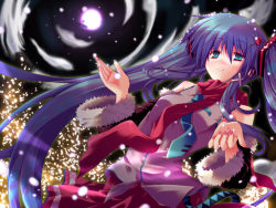 Rule 34 | 1girl, detached sleeves, dutch angle, full moon, fur trim, hair ornament, hairclip, hatsune miku, long hair, looking at viewer, moon, nail polish, necktie, red nails, red scarf, scarf, smile, snowing, solo, utsurogi angu, very long hair, vocaloid