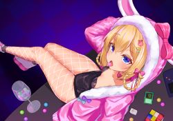 Rule 34 | animal ears, animal hood, arm behind back, azur lane, blonde hair, blue bow, blue eyes, blue ribbon, blush, boots, bow, braid, breasts, candy, card, checkered floor, choker, cleavage, commentary request, cup, drinking glass, eating, eyebrows, fake animal ears, flat chest, floor, food, fur-trimmed jacket, fur trim, hair ornament, hair ribbon, hairclip, handheld game console, high heel boots, high heels, highres, hood, hooded jacket, jacket, legs, legs together, leotard, long hair, looking at viewer, noe (ppppriver), pantyhose, parted bangs, pink bow, pink choker, pink footwear, pink jacket, pink ribbon, playboy bunny, purple bow, purple ribbon, rabbit hood, ribbon, rubik&#039;s cube, see-through, see-through legwear, shoes, sidelocks, sitting, sitting on table, small breasts, solo, stephen potter (azur lane), stephen potter (chillaxation station) (azur lane), striped ribbon, table, thighs, tongue, tongue out, twin braids, wine glass
