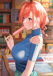 Rule 34 | 1girl, alternate hairstyle, aqua skirt, arisugawa natsuha, bare shoulders, black eyes, blue shirt, blush, box, breasts, clothing cutout, commentary request, cowlick, earrings, floral print, food, food in mouth, hair bun, highres, idolmaster, idolmaster shiny colors, jar, jewelry, koukoku, large breasts, orange hair, popsicle, popsicle in mouth, refrigerator, shelf, shirt, short sleeves, shoulder cutout, sidelocks, single hair bun, skirt, solo, storefront, turtleneck, upper body