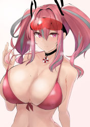 Rule 34 | 1girl, absurdres, azur lane, bare shoulders, bikini, bikini pull, black choker, blush, breasts, bremerton (azur lane), choker, cleavage, clothes pull, collarbone, commentary request, eyewear on head, front-tie bikini top, front-tie top, grey hair, hair between eyes, hair intakes, hair ornament, highres, huge breasts, huge filesize, large breasts, lifebuoy, long hair, looking at viewer, midriff, mole, mole on breast, multicolored hair, navel, negi seijin, pink bikini, pink eyes, pink hair, red-tinted eyewear, sidelocks, simple background, smile, solo, standing, streaked hair, sunglasses, swim ring, swimsuit, tinted eyewear, twintails, two-tone hair, upper body