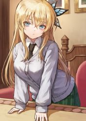 Rule 34 | 1girl, arm support, blonde hair, blue eyes, blush, boku wa tomodachi ga sukunai, breasts, butterfly hair ornament, chair, cleavage, collared shirt, commentary request, crossed bangs, fagi (kakikaki), green necktie, green skirt, grey jacket, hair ornament, indoors, jacket, kashiwazaki sena, large breasts, long hair, long sleeves, looking at viewer, necktie, parted lips, pleated skirt, revision, school uniform, shirt, skirt, solo, table, teeth, white shirt