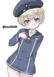 Rule 34 | 1girl, black neckerchief, blue dress, blue hat, blue sailor collar, clothes writing, dress, green eyes, grey hair, hand on own chest, hat, highres, kantai collection, kurano kisuke, neckerchief, one-hour drawing challenge, sailor collar, sailor dress, sailor hat, short dress, short hair, simple background, smile, solo, twitter username, white background, z1 leberecht maass (kancolle)