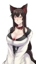 Rule 34 | 1girl, animal ears, blush, breasts, brooch, brown hair, cleavage, collar, corset, dress, covered erect nipples, female focus, highres, huge breasts, imaizumi kagerou, jewelry, large breasts, long hair, long sleeves, looking at viewer, nicutoka, red eyes, solo, tail, touhou, upper body, wolf ears, wolf tail