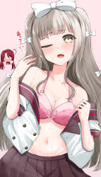 Rule 34 | 1girl, absurdres, bare shoulders, blush, bow, bra, breasts, collarbone, d4dj, fang, fanning, fanning face, grey hair, hair bow, highres, kasuga haruna, long hair, looking at viewer, one eye closed, open mouth, pink background, pink bra, red hair, removing jacket, shiratori kurumi (d4dj), simple background, skirt, sweat, translation request, underwear, undressing, uniform, ya-man, yellow eyes