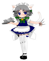 Rule 34 | 1girl, animal ears, bad id, bad pixiv id, bell, blue eyes, bow, braid, cat ears, cat girl, cat tail, female focus, grey hair, hair bow, hairband, izayoi sakuya, jingle bell, kettle, knife, mousou youjo, short hair, simple background, solo, tail, thighhighs, throwing knife, touhou, tray, twin braids, weapon, yuto mochi, zettai ryouiki