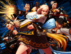 Rule 34 | 00s, 5girls, blonde hair, blue eyes, dress, dual wielding, dungeon and fighter, female gunner (dungeon and fighter), female launcher (dungeon and fighter), female mechanic (dungeon and fighter), female ranger (dungeon and fighter), female spitfire (dungeon and fighter), firing, gunner (dungeon and fighter), highres, holding, huge weapon, multiple girls, official art, weapon