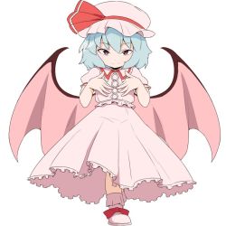 Rule 34 | 1girl, blue hair, dress, female focus, full body, hat, kagura roku, looking at viewer, mob cap, pink dress, remilia scarlet, short hair, simple background, smile, solo, touhou, white background, wings