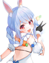 1girl, :d, absurdres, animal ear fluff, animal ears, back, backless coat, bangs, bare back, black gloves, blue hair, blush, braid, bunny-shaped pupils, bunny ears, bunny tail, carrot hair ornament, coat, detached sleeves, food themed hair ornament, from behind, fur-trimmed gloves, fur scarf, fur trim, gloves, hair ornament, hair over shoulder, highres, hikimayu, hololive, kohe billialot, long hair, looking at viewer, multicolored hair, open mouth, orange eyes, puffy short sleeves, puffy sleeves, rabbit girl, scarf, short eyebrows, short sleeves, simple background, smile, solo, strapless coat, swept bangs, tail, twin braids, twintails, two-tone hair, upper body, upper teeth, usada pekora, v, virtual youtuber, white background, white coat, white hair, white scarf, white sleeves