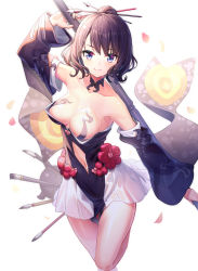 Rule 34 | 1girl, animal, arm up, bare shoulders, black dress, black sleeves, blue eyes, breasts, closed mouth, clothing cutout, collarbone, commentary request, detached sleeves, dress, fate/grand order, fate (series), hair bun, hair ornament, highres, holding, katsushika hokusai (fate), long sleeves, looking at viewer, medium breasts, navel, navel cutout, octopus, paintbrush, purple hair, ririko (zhuoyandesailaer), see-through, short hair, simple background, single hair bun, smile, standing, standing on one leg, strapless, strapless dress, tokitarou (fate), white background, wide sleeves