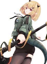 Rule 34 | 1girl, absurdres, arknights, asymmetrical legwear, bad id, bad pixiv id, black skirt, black thighhighs, blonde hair, dragon tail, from behind, green jacket, hair ornament, hairclip, halberd, highres, holding, holding polearm, holding weapon, id card, jacket, long sleeves, looking at viewer, looking back, open clothes, open jacket, open mouth, pencil skirt, pointy ears, polearm, red eyes, short hair, simple background, skirt, solo, tail, thighhighs, tokoi, uneven legwear, vanilla (arknights), weapon, white background
