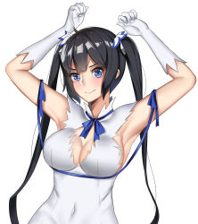 Rule 34 | 1girl, armpits, arms up, black hair, blue eyes, blue ribbon, bow, breasts, cleavage, closed mouth, covered navel, dress, dungeon ni deai wo motomeru no wa machigatteiru darou ka, elbow gloves, gloves, hair bow, hestia (danmachi), highres, long hair, medium breasts, rd (ardeee), rei no himo, ribbon, sideboob, simple background, sleeveless, sleeveless dress, smile, solo, twintails, upper body, very long hair, white background, white bow, white dress, white gloves