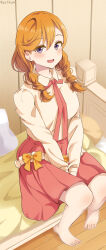 Rule 34 | 1girl, absurdres, alternate hairstyle, barefoot, blush, braid, collared shirt, commentary request, highres, indoors, long sleeves, looking at viewer, love live!, love live! superstar!!, medium hair, neck ribbon, open mouth, orange hair, pillow, pleated skirt, purple eyes, red ribbon, red skirt, ribbon, shibuya kanon, shirt, sitting, skirt, solo, twin braids, twitter username, upper body, white shirt, yzlkun
