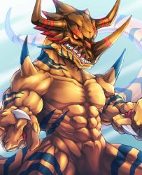 Rule 34 | abs, claws, clenched hand, closed mouth, cowboy shot, digimon, digimon (creature), digimon adventure, digimon savers, geogreymon, glowing, glowing eyes, highres, horns, looking ahead, male focus, muscular, muscular male, no humans, pectorals, scar, scar across eye, scar on face, sharp teeth, solo, tail, teeth, thick thighs, thighs, tosaka rai