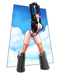 Rule 34 | 1girl, alternate costume, ass, black gloves, black hair, black jacket, blue sky, breasts, cammy stretch (meme), cleavage, crossed arms, curvy, egghead island, eyelashes, full body, gloves, headphones, huge ass, iury padilha, jacket, large breasts, long hair, meme, navel, nico robin, nico robin (egghead), official alternate costume, one piece, parody, revealing clothes, sky, solo, standing, street fighter, thighs, thong, white background, wide hips