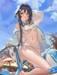 Rule 34 | 1girl, ahoge, arknights, arm up, ball, bare legs, bare shoulders, barefoot, beachball, bikini, black eyes, black hair, blue sky, blush, breasts, cleavage, day, frilled bikini, frills, goggles, goggles around neck, hair intakes, id card, jacket, la pluma (arknights), la pluma (summer flowers) (arknights), leg up, long sleeves, looking at viewer, medium breasts, mouth hold, navel, nineye, off shoulder, official alternate costume, open clothes, open jacket, outdoors, pool ladder, see-through, short hair, sky, solo, sparkle, standing, standing on one leg, stomach, swimsuit, thighs, unzipped, water, whistle, white bikini, white jacket, wing hair ornament