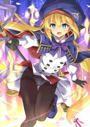Rule 34 | 1girl, artoria caster (fate), artoria caster (second ascension) (fate), artoria pendragon (fate), blonde hair, blue eyes, bow, bowtie, breasts, fate/grand order, fate (series), gloves, hair between eyes, hat, highres, holding, holding staff, long hair, long sleeves, miniskirt, open mouth, panties, panties under pantyhose, pantyhose, shimouki izui, skirt, small breasts, solo, staff, tongue, twintails, underwear