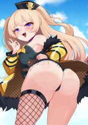 Rule 34 | 1girl, :3, :d, absurdres, anchor hat ornament, ass, azur lane, bache (azur lane), bare shoulders, black shirt, black shorts, blonde hair, blush, breasts, commentary, cowboy shot, curly hair, day, english commentary, fang, fishnets, from behind, from below, fur-trimmed jacket, fur trim, hair between eyes, half-closed eyes, hand on own hip, hand up, hat, hat ornament, highres, igarashi gozo, jacket, leaning forward, long hair, looking at viewer, looking back, micro shorts, neckerchief, off shoulder, ok sign, open clothes, open jacket, open mouth, outdoors, purple eyes, revealing clothes, sailor collar, shirt, shorts, single fishnet legwear, skindentation, sleeveless, sleeveless shirt, small breasts, smile, solo, standing, thighs, very long hair, yellow jacket, yellow neckerchief