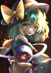 Rule 34 | 1girl, :d, absurdres, bare shoulders, bow, chromatic aberration, dark background, dfra, fang, green eyes, green hair, hat, hat bow, heart, heart-shaped pupils, highres, komeiji koishi, light particles, medium hair, off shoulder, open mouth, simple background, smile, solo, symbol-shaped pupils, third eye, touhou, upper body