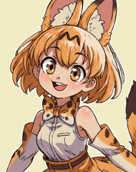 Rule 34 | 1girl, :d, animal ear fluff, animal ears, bare shoulders, beachepisode, belt, blonde hair, bow, bowtie, brown eyes, commentary, elbow gloves, fang, gloves, grey background, high-waist skirt, highres, kemono friends, looking at viewer, open mouth, round teeth, serval (kemono friends), serval print, shirt, shirt tucked in, simple background, skirt, sleeveless, sleeveless shirt, smile, solo, tail, tareme, teeth, upper teeth only, white shirt
