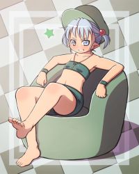 Rule 34 | 1girl, bad id, bad nicoseiga id, bandeau, bare legs, barefoot, blue eyes, blue hair, chair, checkered background, hair bobbles, hair ornament, hat, highres, jewelry, kawashiro nitori, key, matching hair/eyes, mimiru (mimill), necklace, pointy ears, shorts, sitting, smile, solo, strapless, teeth, touhou, tube top, wristband