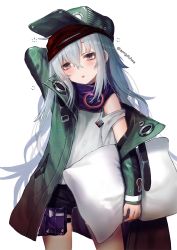 Rule 34 | 1girl, bad id, bad pixiv id, black shorts, blush, brown eyes, coat, cowboy shot, crossed bangs, flat cap, g11 (girls&#039; frontline), girls&#039; frontline, grey hair, hair between eyes, half-closed eyes, hanato (seonoaiko), hat, holding, holding pillow, holster, long hair, open clothes, open coat, pillow, purple scarf, scarf, short shorts, shorts, simple background, sleepy, solo, thigh holster, twitter username, white background