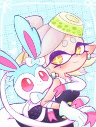 1girl :&gt; alternate_color bad_tag black_dress blue_fur bow creatures_(company) dress earrings food food_on_head game_freak gen_6_pokemon gloves grey_hair highres hyousetu_gekkou inkling jewelry looking_at_another marie_(splatoon) mole mole_under_eye nintendo object_on_head pointy_ears pokemon pokemon_(creature) red_eyes shiny_pokemon short_hair simple_background smile splatoon_(series) splatoon_1 standing sylveon tentacle_hair upper_body white_fur white_gloves yellow_eyes