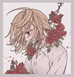 Rule 34 | 1other, bleeding, blonde hair, blood, collared shirt, cuts, empty eyes, expressionless, flower, grey background, highres, injury, looking ahead, meremero, noose, original, other focus, plant, profile, red eyes, red flower, red rose, rose, shirt, short hair, simple background, solo, thorns, upper body, vines, white shirt