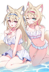 Rule 34 | 2girls, :3, ;3, animal ear fluff, animal ears, bandaid, bandaid hair ornament, bikini, bikini skirt, blonde hair, blue eyes, blue hair, blue hairband, breasts, cleavage, collarbone, commentary, dog ears, dog girl, dog tail, flat chest, fuwawa abyssgard, hair between eyes, hair ornament, hairband, highres, hololive, hololive english, horn hairband, kneeling, large breasts, long hair, looking at viewer, midriff, mococo abyssgard, multicolored hair, multiple girls, navel, ocean, one eye closed, open mouth, pink eyes, pink hair, pink hairband, seiza, short hair, siblings, simple background, sisters, sitting, smile, streaked hair, swimsuit, tail, twins, two side up, virtual youtuber, white background, white bikini, x hair ornament, zenshin