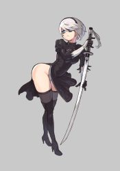 Rule 34 | 1girl, ass, black footwear, black gloves, black hairband, blue eyes, boots, closed mouth, gloves, grey background, grey hair, grey thighhighs, hair between eyes, hairband, high heel boots, high heels, highres, holding, holding sword, holding weapon, iver (reviolet), katana, mole, mole under mouth, nier (series), nier:automata, puffy sleeves, see-through, short hair, simple background, solo, sword, thighhighs, turtleneck, weapon, 2b (nier:automata)