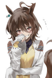Rule 34 | 1girl, agnes tachyon (umamusume), ahoge, animal ears, black shirt, blush, breasts, brown hair, coat, collared shirt, earrings, grin, hand up, horse ears, horse girl, horse tail, jewelry, jw (p p pp pp), lab coat, medium breasts, medium hair, necktie, raised eyebrows, red eyes, shirt, short necktie, simple background, single earring, sleeves past fingers, sleeves past wrists, smile, solo, sweater, tail, teeth, umamusume, upper body, white background, white coat, yellow sweater