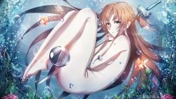 Rule 34 | 1girl, armpits, artist request, artistic nudity, ass, asuna (sao), barefoot, breasts, bubble, collarbone, completely nude, covering breasts, covering privates, deviantart username, feet, female focus, fingernails, fish, from side, full body, hands up, highres, holding, holding rapier, holding weapon, knees up, legs, long hair, looking at viewer, matching hair/eyes, medium breasts, nature, navel, nude, nudist, ocean, orange eyes, orange hair, outdoors, parted bangs, parted lips, rapier, shiny skin, shy, sideboob, sidelocks, skinny dipping, soles, straight hair, submerged, swimming, sword, sword art online, thighs, toenails, toes, turning head, underwater, unworn clothes, wallpaper, water, weapon, wet, wet hair