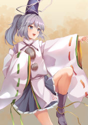 Rule 34 | 1girl, :d, absurdres, blue hat, boots, brown background, cowboy shot, green ribbon, grey eyes, grey footwear, grey hair, hat, hat ribbon, high collar, highres, japanese clothes, kariginu, koizumo, leg up, long hair, long sleeves, looking ahead, mononobe no futo, neck ribbon, open mouth, pom pom (clothes), ponytail, purple ribbon, red ribbon, ribbon, ribbon-trimmed sleeves, ribbon trim, skirt, smile, solo, standing, standing on one leg, touhou, white ribbon, wide sleeves, yellow ribbon