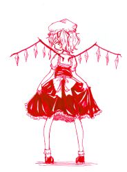 Rule 34 | 1girl, back bow, bobby socks, bow, crystal, flandre scarlet, frilled shirt collar, frilled skirt, frills, from behind, full body, hat, highres, looking at viewer, looking back, medium hair, mob cap, monochrome, one side up, puffy short sleeves, puffy sleeves, shirt, shoes, short sleeves, simple background, skirt, skirt hold, sleepyowl (jobkung15), socks, solo, standing, touhou, vest, white background, wings