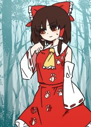 Rule 34 | 1girl, blush, bow, breasts, brown eyes, brown hair, clothes pull, clothing cutout, commentary request, detached sleeves, groin, hair bow, hair tubes, hakurei reimu, highres, karashi chikuwa, looking away, medium hair, navel, navel cutout, no bra, no panties, nontraditional miko, paw print, red bow, ribbon-trimmed sleeves, ribbon trim, shirt tug, solo, sweat, touhou, tree, wily beast and weakest creature