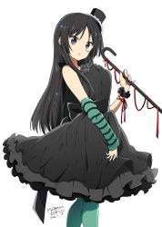 Rule 34 | 1girl, :o, akiyama mio, aqua pantyhose, arm warmers, artist name, black dress, black hat, blue nails, cane, commentary request, dated, dress, feet out of frame, frilled dress, frills, hair ornament, hat, highres, holding, k-on!, long hair, looking at viewer, mini hat, mini top hat, nail polish, pantyhose, parted lips, ragho no erika, red ribbon, ribbon, scrunchie, simple background, sleeveless, sleeveless dress, solo, standing, star (symbol), star hair ornament, straight hair, top hat, very long hair, white background, wrist ribbon, wrist scrunchie