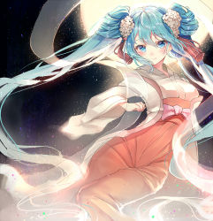 Rule 34 | 1girl, aqua hair, blue eyes, blush, breasts, closed mouth, full moon, hair between eyes, hatsune miku, highres, japanese clothes, kimono, long hair, looking at viewer, medium breasts, moon, see-through, smile, solo, takitou, twintails, very long hair, vocaloid, white kimono, wide sleeves