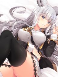 Rule 34 | 10s, 1girl, animal ears, bad id, bad twitter id, between breasts, black thighhighs, blue eyes, blush, breasts, erune, granblue fantasy, grin, hand up, highres, korwa, long hair, long sleeves, looking at viewer, lying, medium breasts, navy (navy.blue), on back, parted lips, silver hair, smile, solo, strap between breasts, thighhighs, thighs