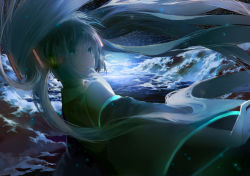 Rule 34 | 1girl, aqua hair, bad id, bad pixiv id, dark, detached sleeves, eye reflection, floating hair, glycan, hand on own chin, hatsune miku, headset, horizon, light particles, light smile, long hair, ocean, reflection, solo, star (sky), transparent, twintails, upper body, vocaloid, water