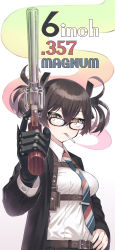 Rule 34 | 1girl, brown hair, cigarette, commentary request, diagonal-striped clothes, diagonal-striped necktie, finger on trigger, formal, glasses, gun, hand on own hip, handgun, harness, highres, holding, holding gun, holding weapon, holster, jacket, looking at viewer, mechanical arms, mouth hold, multicolored necktie, necktie, original, prosthesis, prosthetic arm, revolver, samaru (seiga), short twintails, single mechanical arm, solo, striped clothes, suit, suit jacket, twintails, weapon, yellow eyes