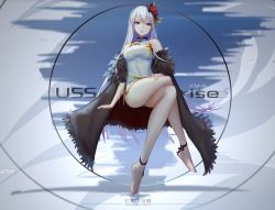 Rule 34 | 1girl, azur lane, bare legs, bare shoulders, barefoot, black cape, breasts, cape, china dress, chinese clothes, covered navel, crossed legs, dress, enterprise (azur lane), enterprise (blooming peony) (azur lane), flower, fur trim, gold trim, hair flower, hair ornament, hand on own thigh, large breasts, long hair, looking at viewer, off shoulder, purple eyes, side slit, silver hair, sitting, sleeveless, sleeveless dress, solo, spider lily, taut clothes, taut dress, thighs, very long hair, wangchuan de quanyan, white dress