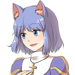 Rule 34 | 1girl, animal ear fluff, animal ears, blue dress, blue eyes, blue hair, cat ears, commentary request, cross, cross necklace, dress, high priest (ragnarok online), jewelry, looking to the side, natsuya (kuttuki), necklace, open mouth, ragnarok online, short hair, simple background, solo, teeth, two-tone dress, upper body, upper teeth only, white background, white dress