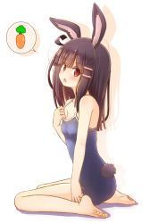 Rule 34 | 1girl, animal ears, bare arms, bare legs, bare shoulders, barefoot, blue one-piece swimsuit, blush, breasts, brown hair, carrot, chinchin kemokemo, colored shadow, competition school swimsuit, drop shadow, feet, fujisaki yuu, full body, hair ornament, hairclip, hand up, long hair, narugami yuzuriha, one-piece swimsuit, parted lips, playboy bunny swimsuit, rabbit ears, rabbit girl, rabbit tail, red eyes, school swimsuit, shadow, sitting, small breasts, solo, spoken food, swimsuit, tail, toenails, wariza