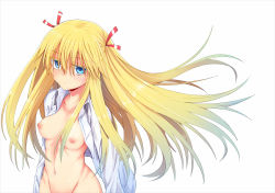 Rule 34 | 1girl, blonde hair, blue eyes, blush, breasts, coupe50, expressionless, genshiken, hair ribbon, highres, long hair, looking at viewer, navel, nipples, open clothes, open shirt, ribbon, shirt, simple background, solo, susanna hopkins, white background