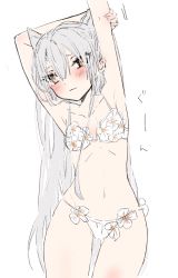 Rule 34 | 1girl, alternate costume, alternate hairstyle, amatsukaze (kancolle), armpits, arms behind head, arms up, bikini, brown eyes, chigasaki yukari, commentary request, cowboy shot, flat chest, flower bikini, highres, kantai collection, looking at viewer, navel, silver hair, simple background, solo, stretching, swimsuit, two side up, white background, white bikini