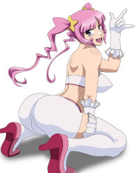 Rule 34 | 1girl, artist request, ass, bare shoulders, bike shorts, breasts, gloves, gundam, gundam build fighters, hair ornament, high heels, kirara (gundam bf), kneeling, large breasts, long hair, looking at viewer, mihoshi (gundam bf), open mouth, pink hair, purple eyes, sideboob, smile, solo, thighhighs, tongue, twintails, very long hair